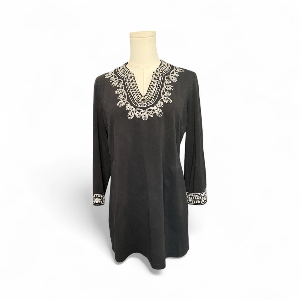 🖤🤍 EUC COLDWATER CREEK Black Long Sleeve Embroidered Top | Sz S